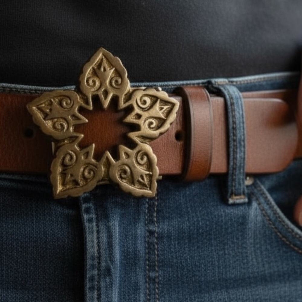 Vintage 1970s Brass Star Belt Buckle Floral Cutout Boho Western